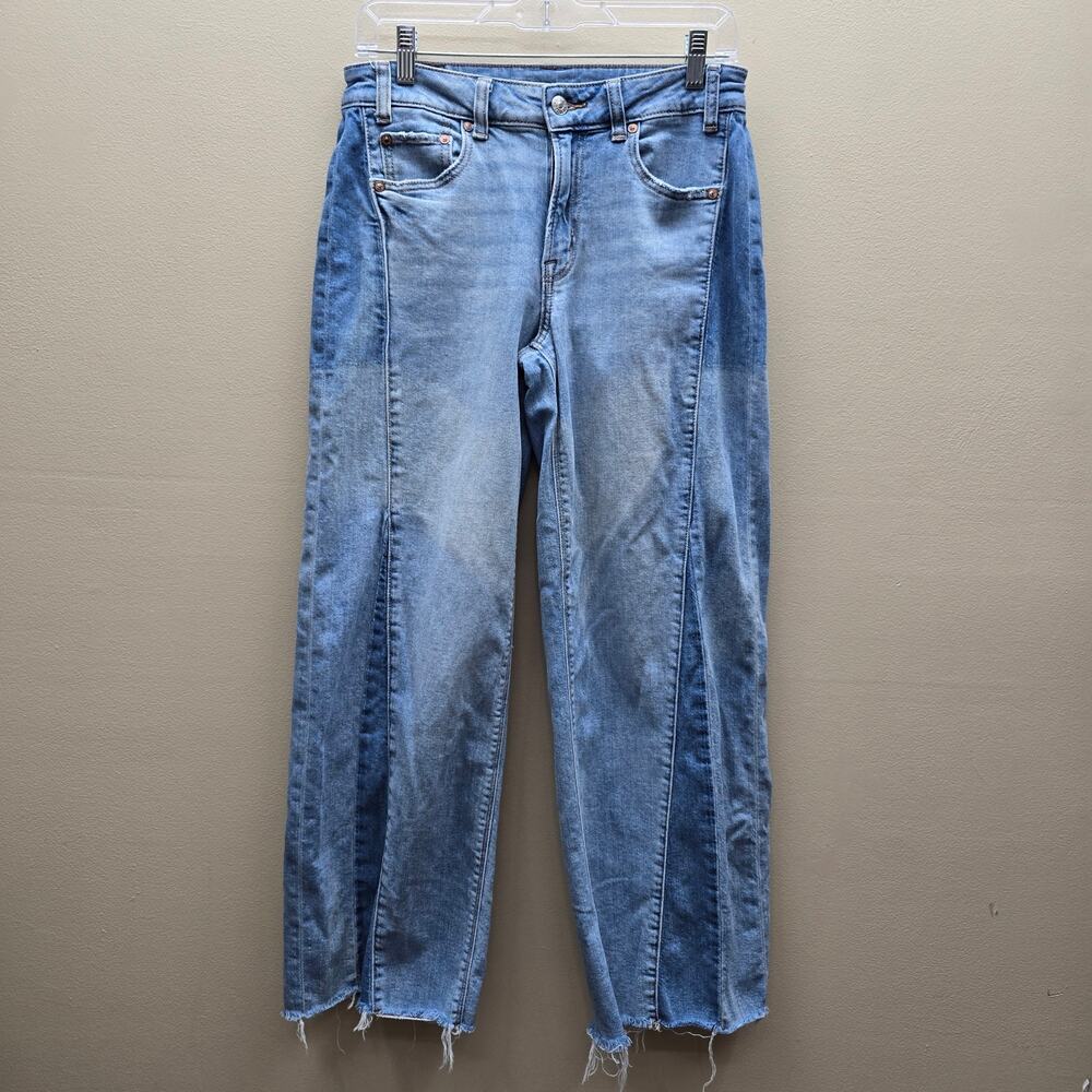 American Eagle Low Rise Baggy Wide Leg Jeans SZ 2 Raw Hem Blue Grunge Y2K Skater - Picture 1 of 6
